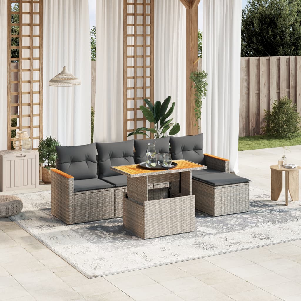 6 Pcs conjunto sofás de jardim com almofadões vime cinzento