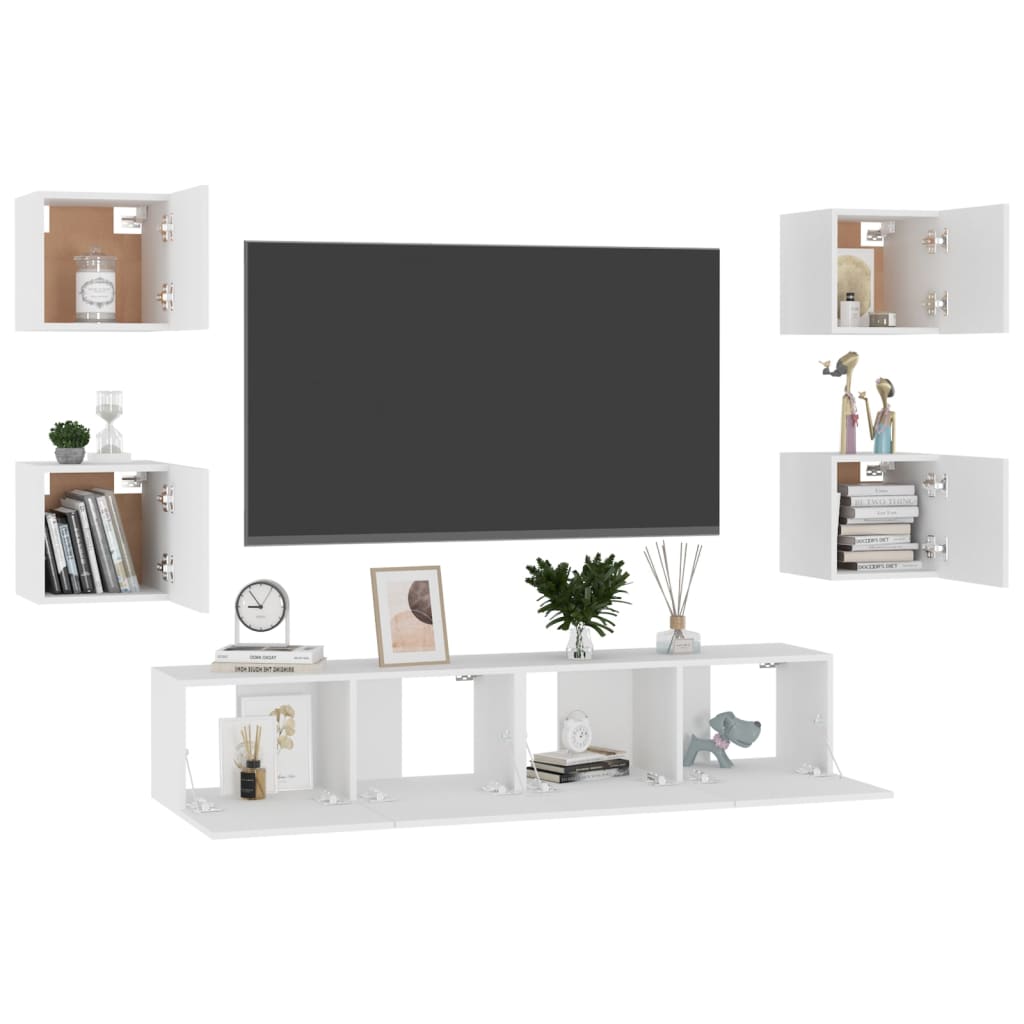 6 Pcs conjunto de móveis de TV derivados de madeira branco
