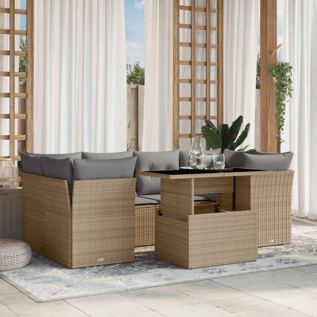 7 Pcs conjunto de sofás p/ jardim com almofadões vime PE bege