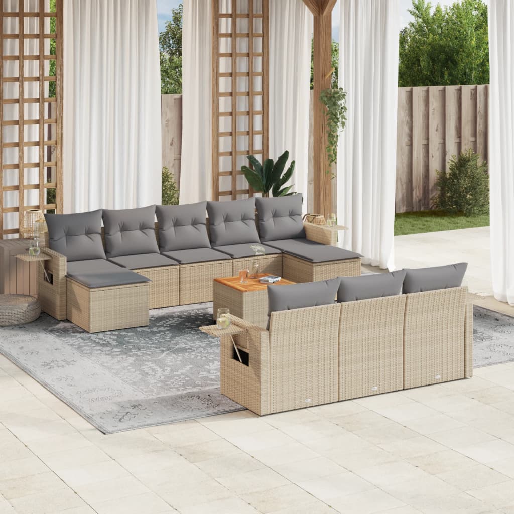 11 Pcs conjunto sofás de jardim c/ almofadões vime PE bege