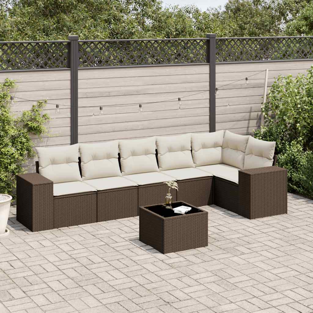 7 Pcs conjunto de sofás jardim c/ almofadões vime PE castanho