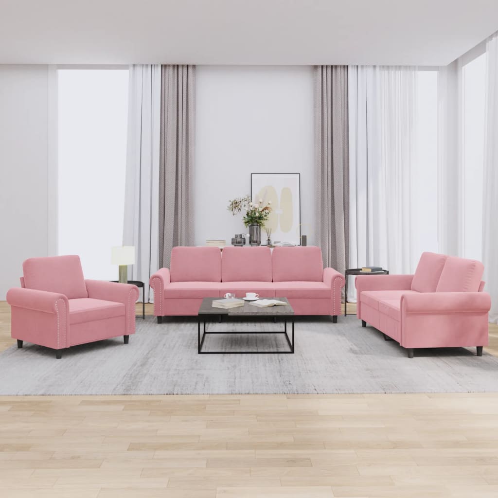 3 Pcs conjunto de sofás com almofadões veludo rosa