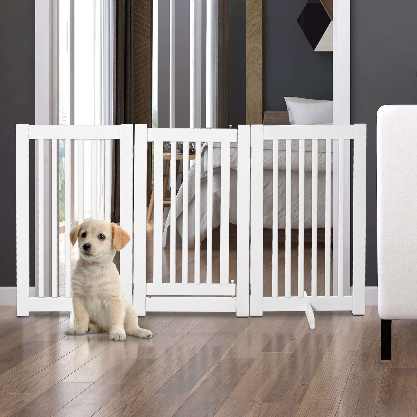 Barreira para Cães de Madeira Barreira para Animais de Estimação Dobrável de 3 Painéis com 1 Porta e Pés de Apoio 155x35,5x76 cm
