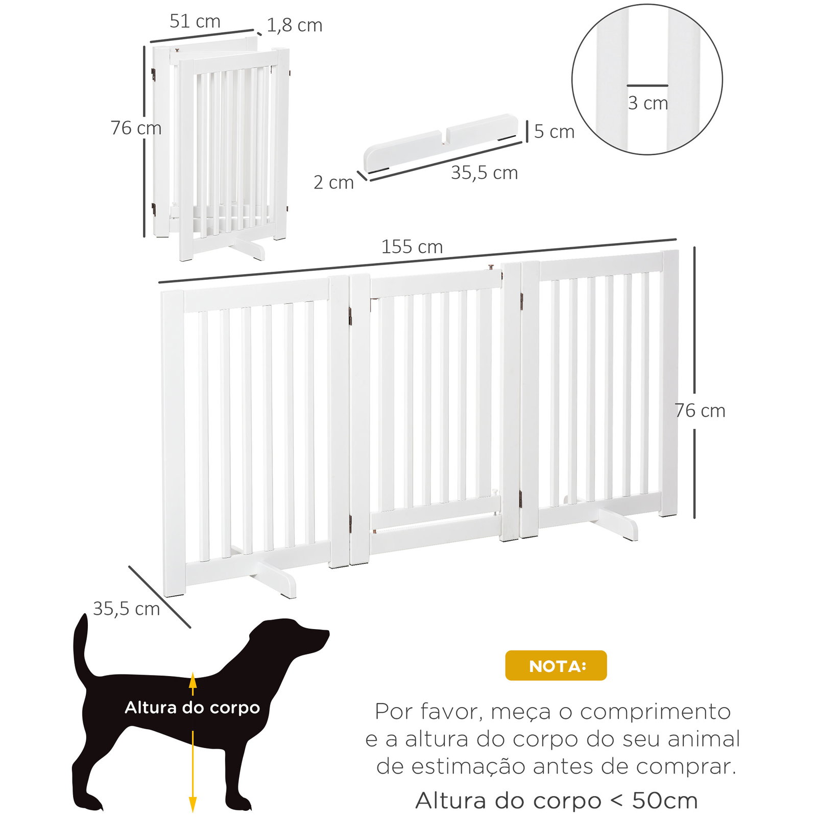 Barreira para Cães de Madeira Barreira para Animais de Estimação Dobrável de 3 Painéis com 1 Porta e Pés de Apoio 155x35,5x76 cm