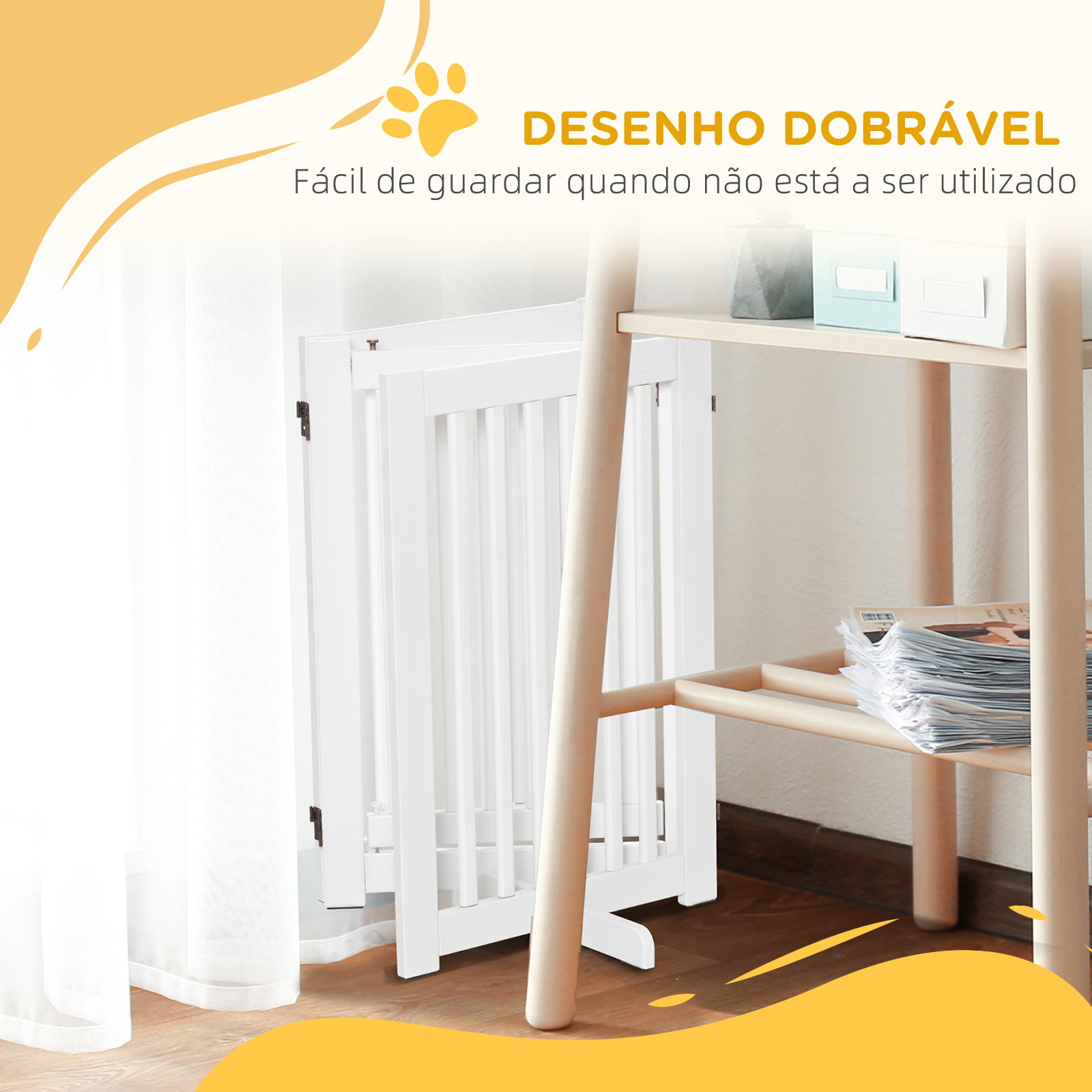 Barreira para Cães de Madeira Barreira para Animais de Estimação Dobrável de 3 Painéis com 1 Porta e Pés de Apoio 155x35,5x76 cm