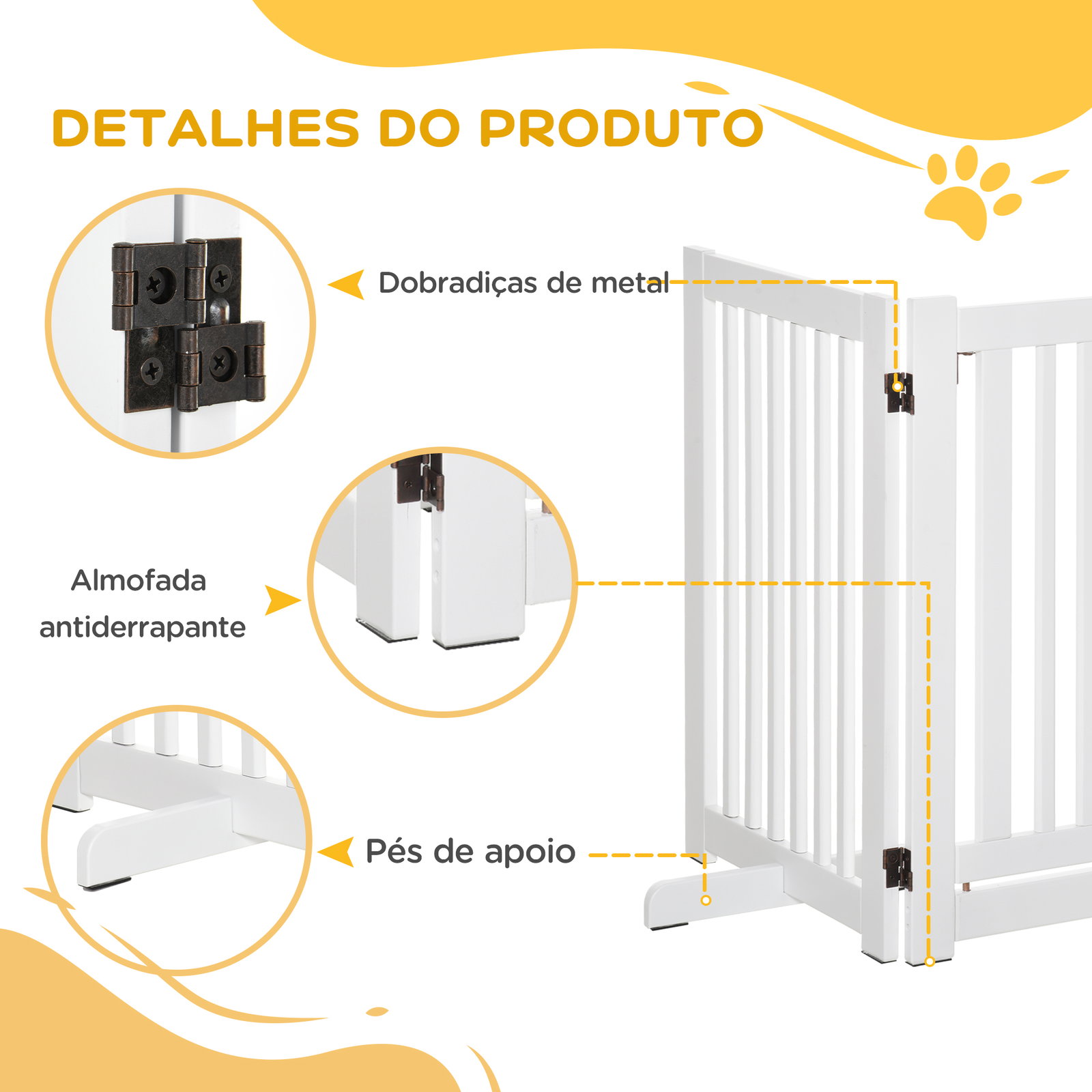 Barreira para Cães de Madeira Barreira para Animais de Estimação Dobrável de 3 Painéis com 1 Porta e Pés de Apoio 155x35,5x76 cm