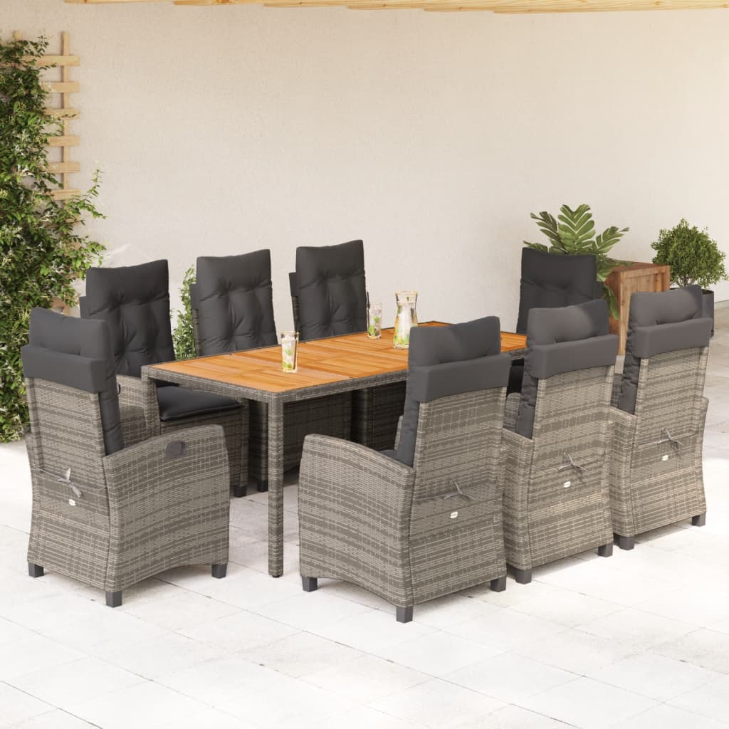 9 Pcs conjunto de jantar p/ jardim c/ almofadões vime PE cinza
