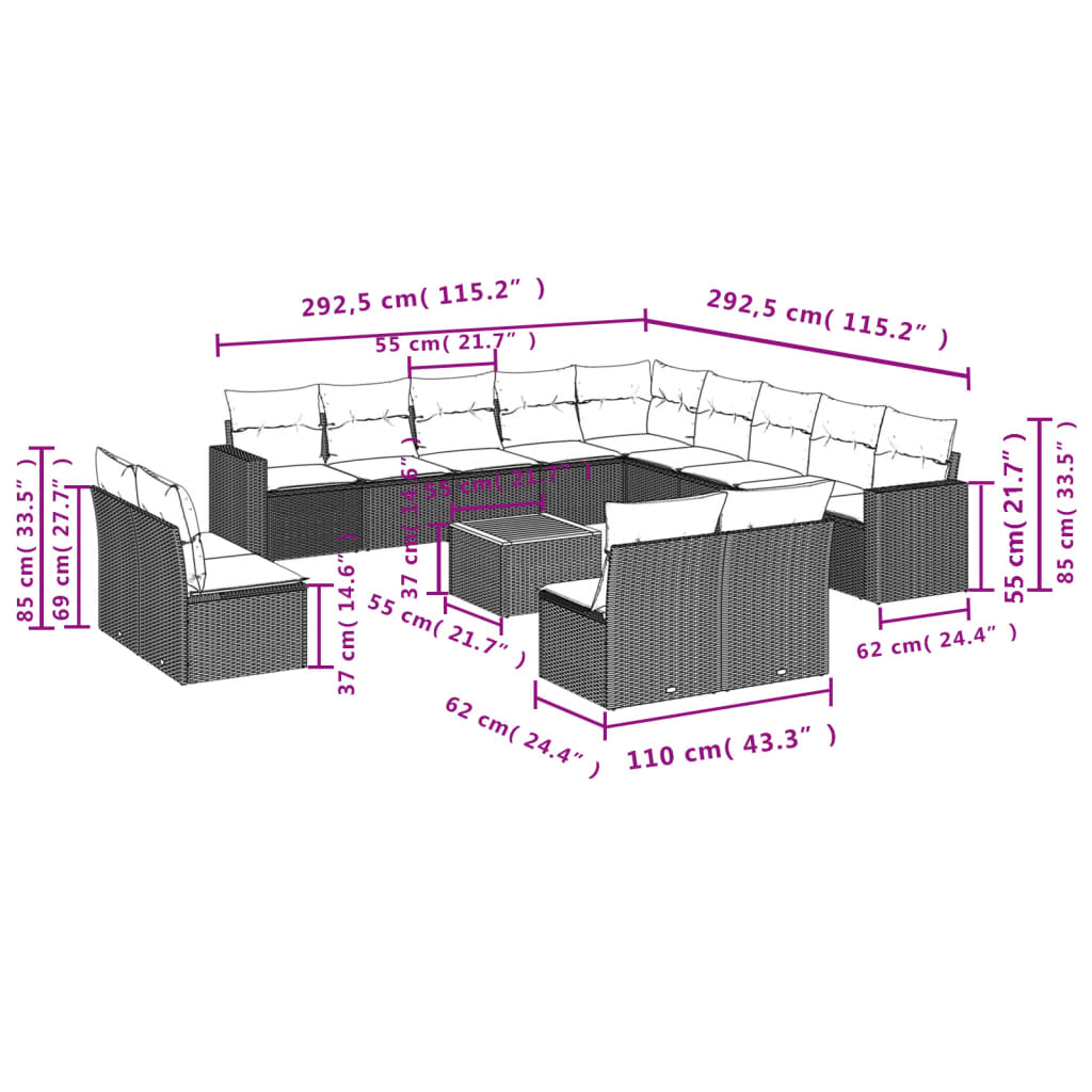 14 Pcs conjunto de sofás p/ jardim com almofadões vime PE bege
