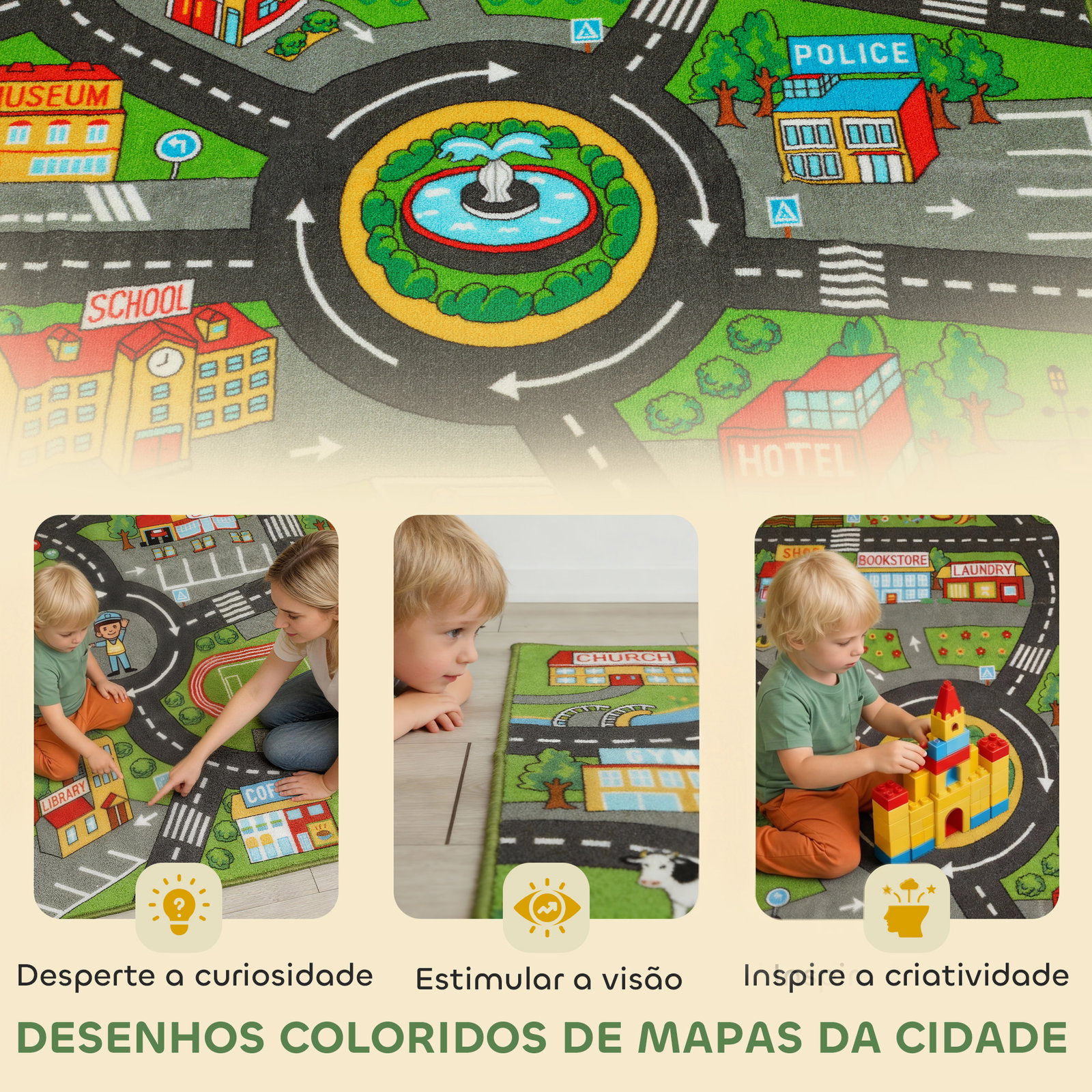 Tapete infantil estrada de cidade 200x150 cm tapete educativo antiderrapante para bebés multicor