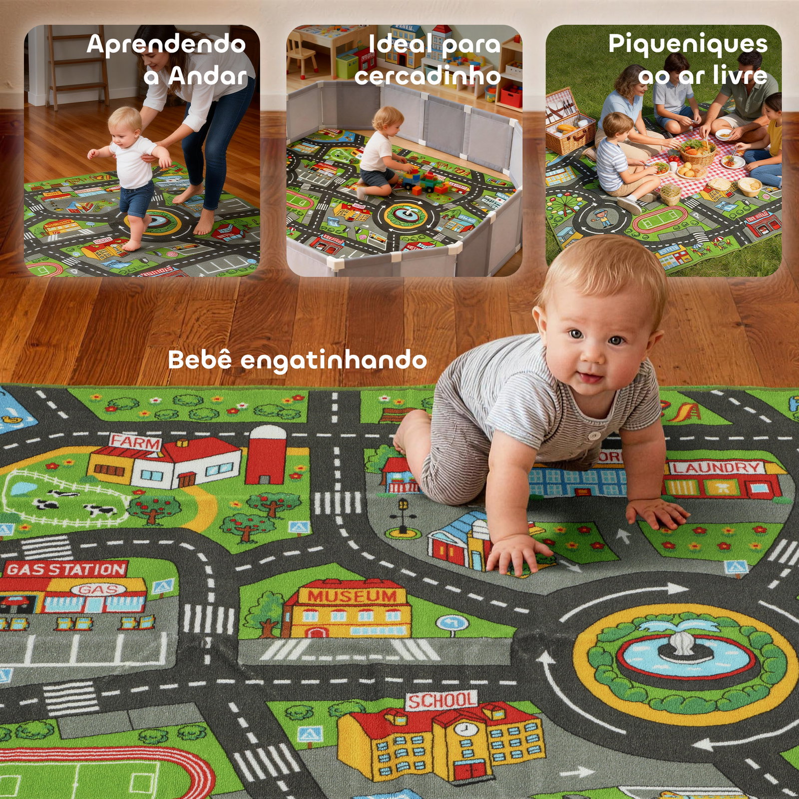 Tapete infantil estrada de cidade 200x150 cm tapete educativo antiderrapante para bebés multicor