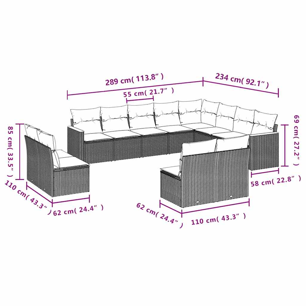 12 Pcs conjunto de sofás de jardim c/ almofadões vime PE preto