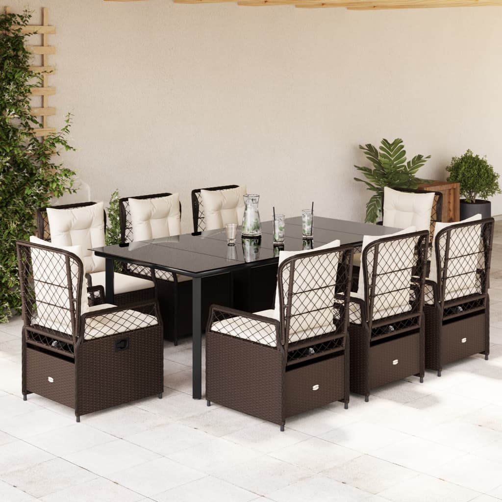 9 Pcs conjunto jantar p/ jardim c/ almofadões vime PE castanho