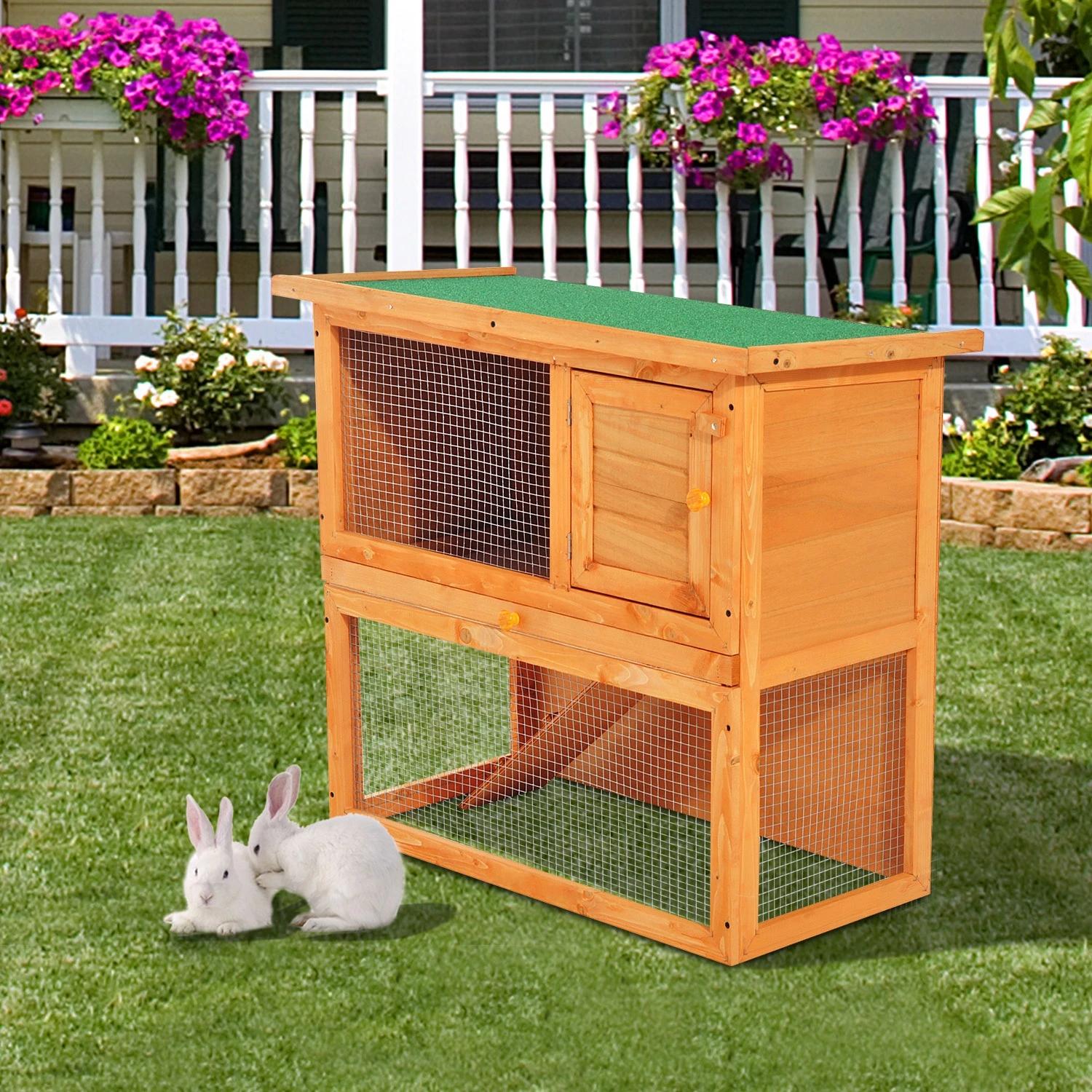 Coelheira de exterior de madeira para animais pequenos 2 níveis com rampa teto asfáltico e porta com trava 90x45x80 cm madeira e verde