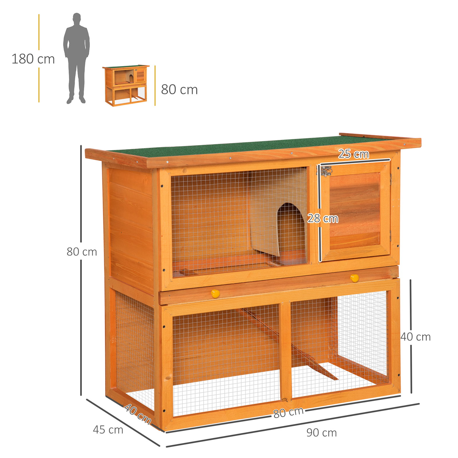 Coelheira de exterior de madeira para animais pequenos 2 níveis com rampa teto asfáltico e porta com trava 90x45x80 cm madeira e verde