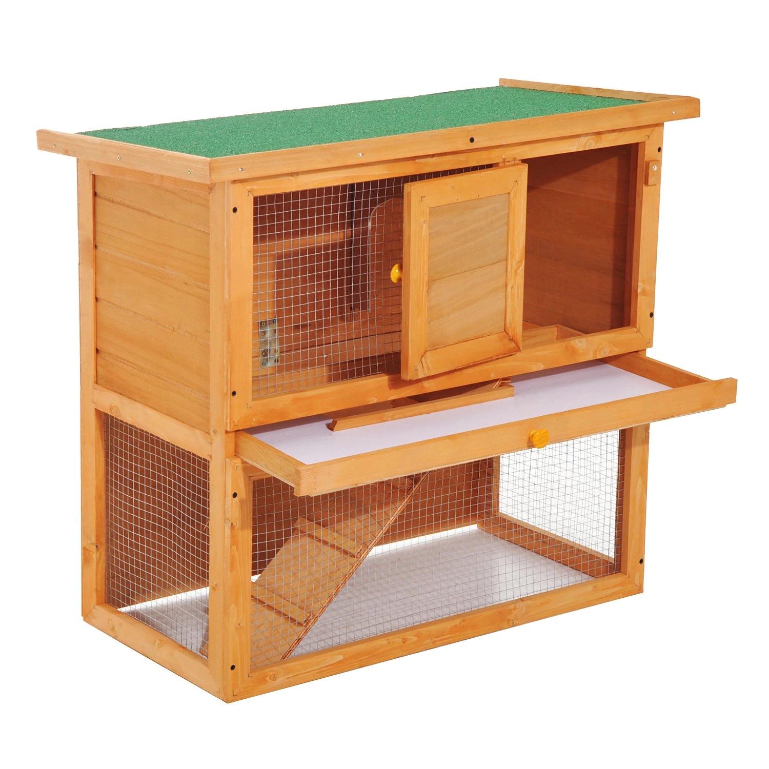 Coelheira de exterior de madeira para animais pequenos 2 níveis com rampa teto asfáltico e porta com trava 90x45x80 cm madeira e verde