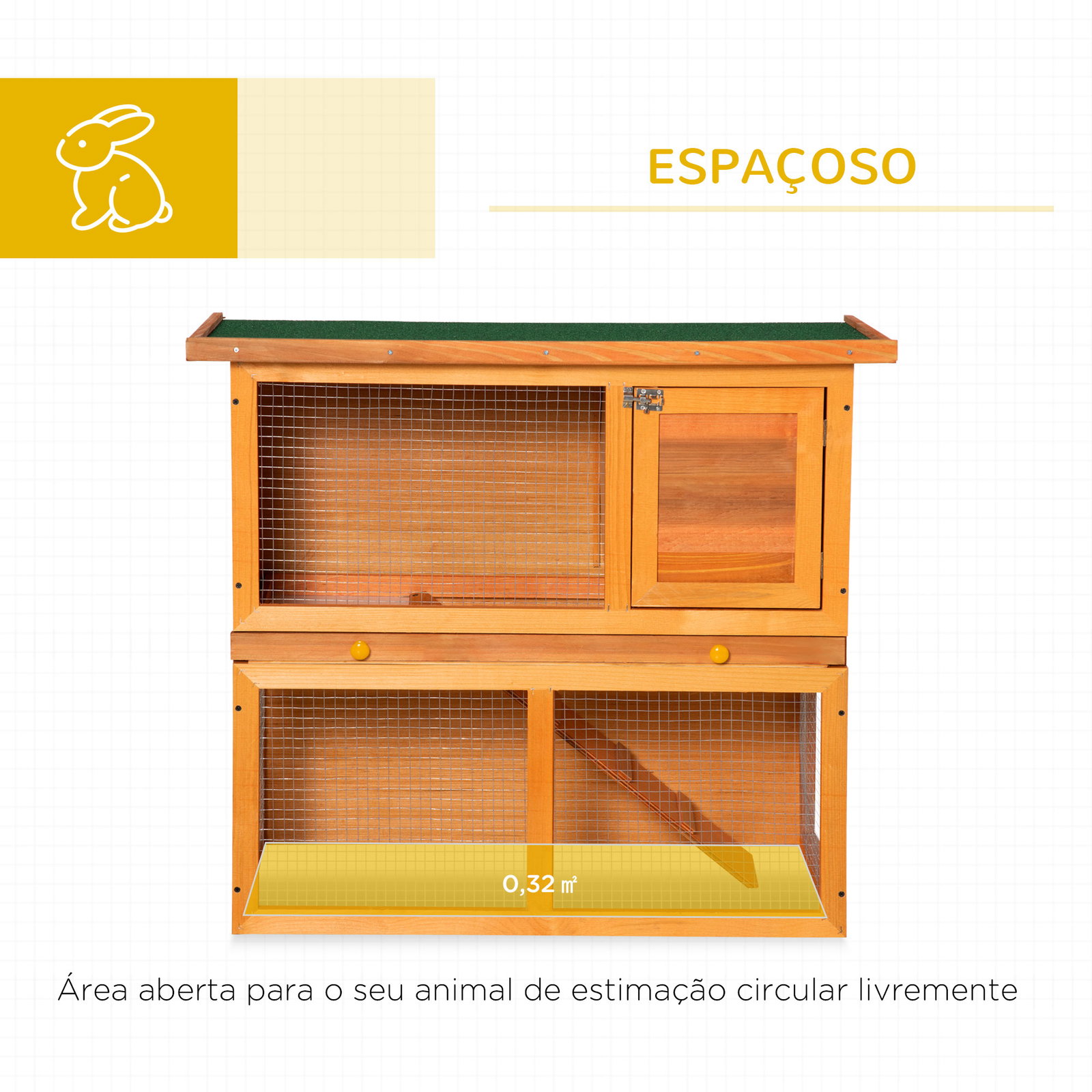 Coelheira de exterior de madeira para animais pequenos 2 níveis com rampa teto asfáltico e porta com trava 90x45x80 cm madeira e verde