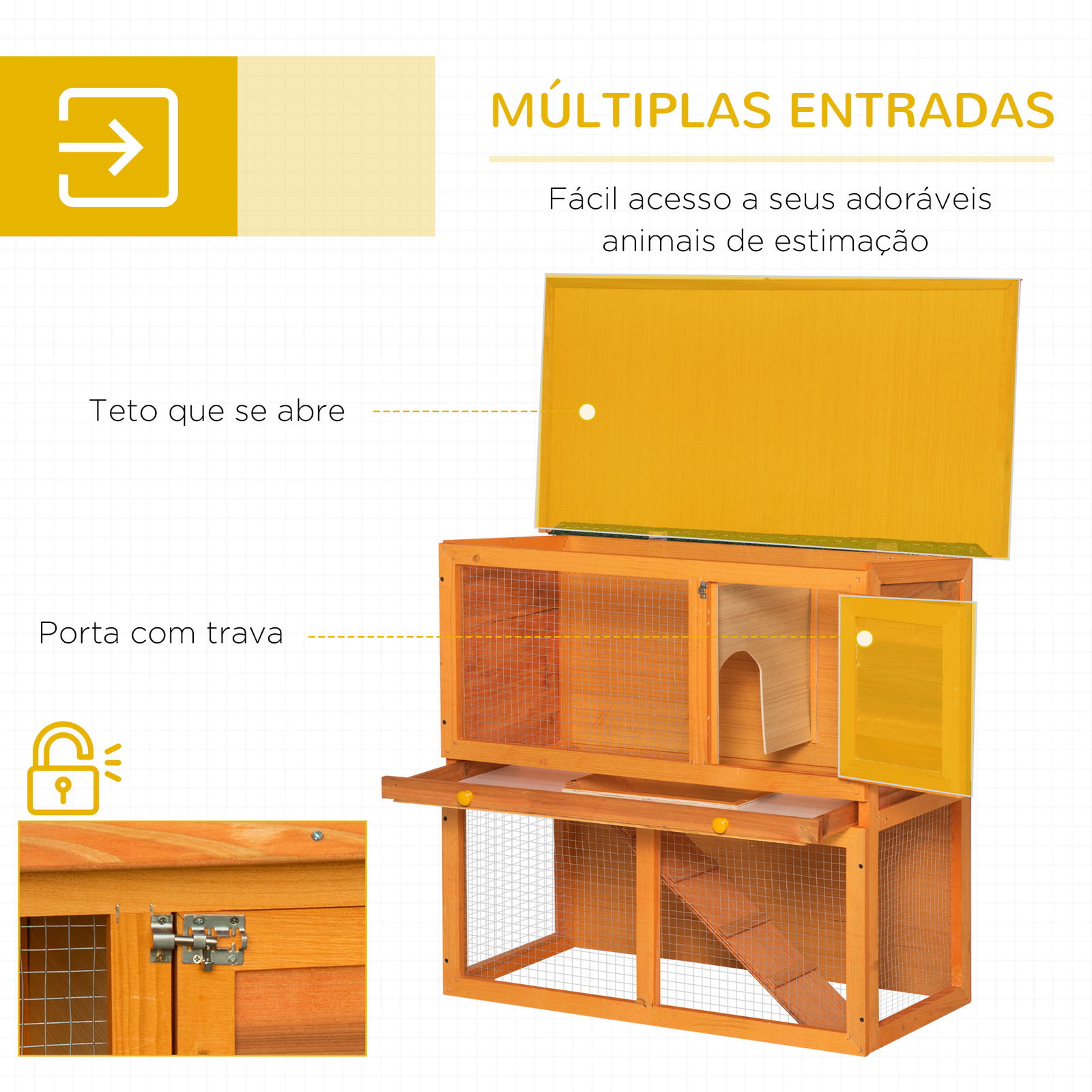 Coelheira de exterior de madeira para animais pequenos 2 níveis com rampa teto asfáltico e porta com trava 90x45x80 cm madeira e verde