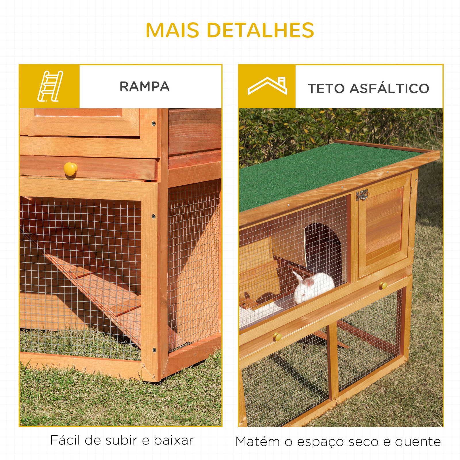 Coelheira de exterior de madeira para animais pequenos 2 níveis com rampa teto asfáltico e porta com trava 90x45x80 cm madeira e verde