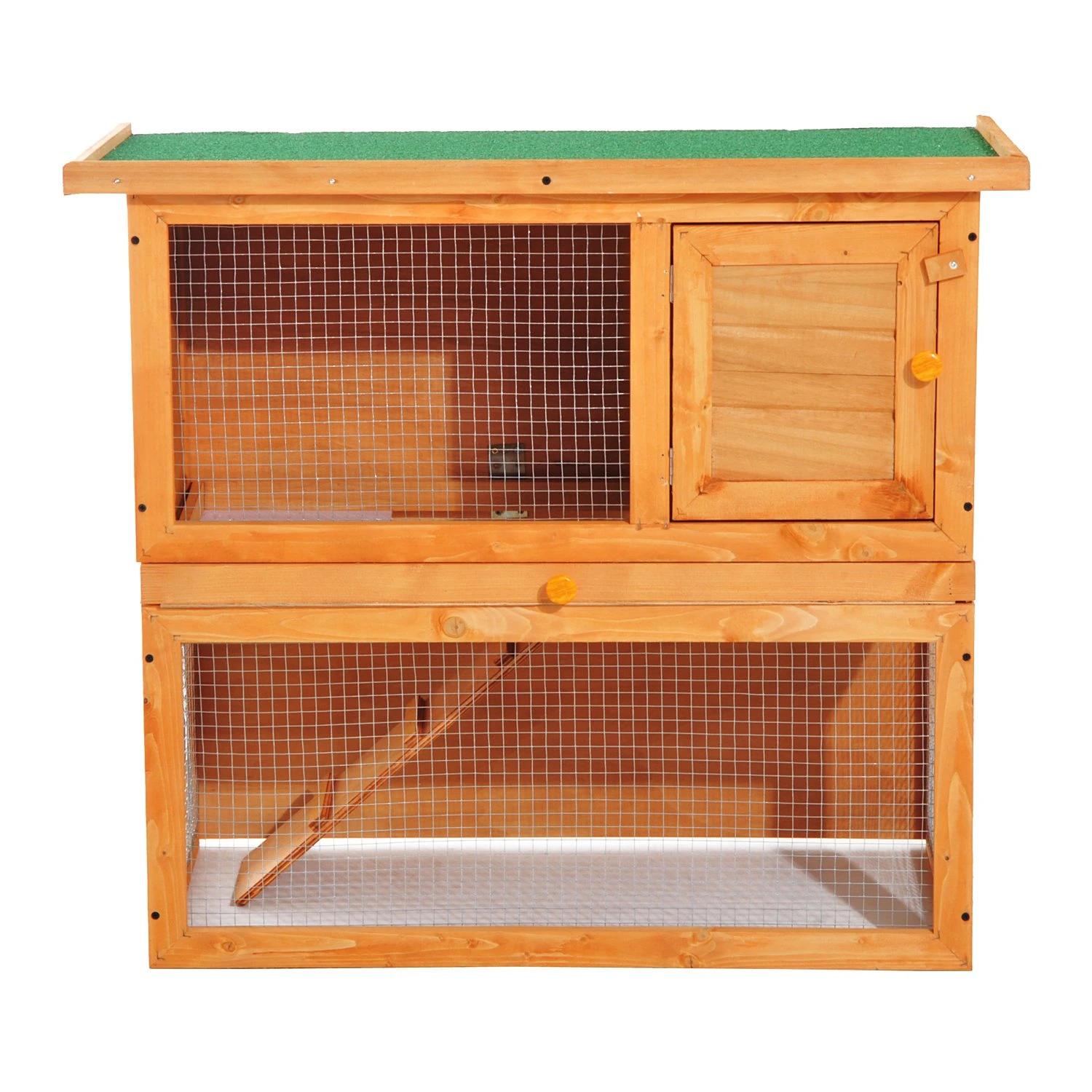 Coelheira de exterior de madeira para animais pequenos 2 níveis com rampa teto asfáltico e porta com trava 90x45x80 cm madeira e verde
