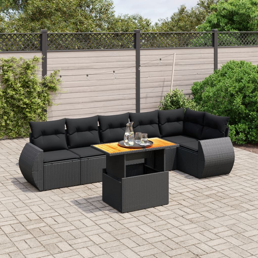 7 Pcs conjunto de sofás p/ jardim c/ almofadões vime PE preto