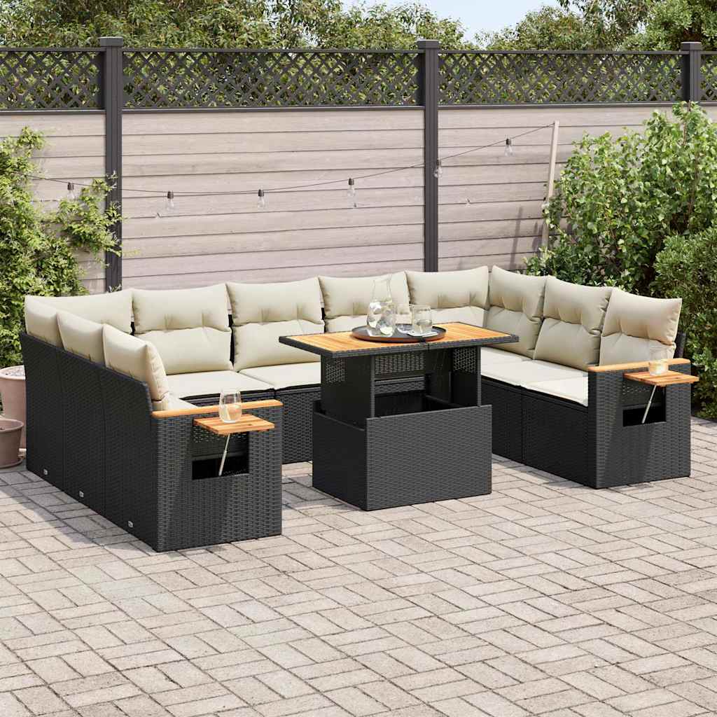 10 Pcs conjunto sofás jardim c/ almofadões vime PE/acácia preto