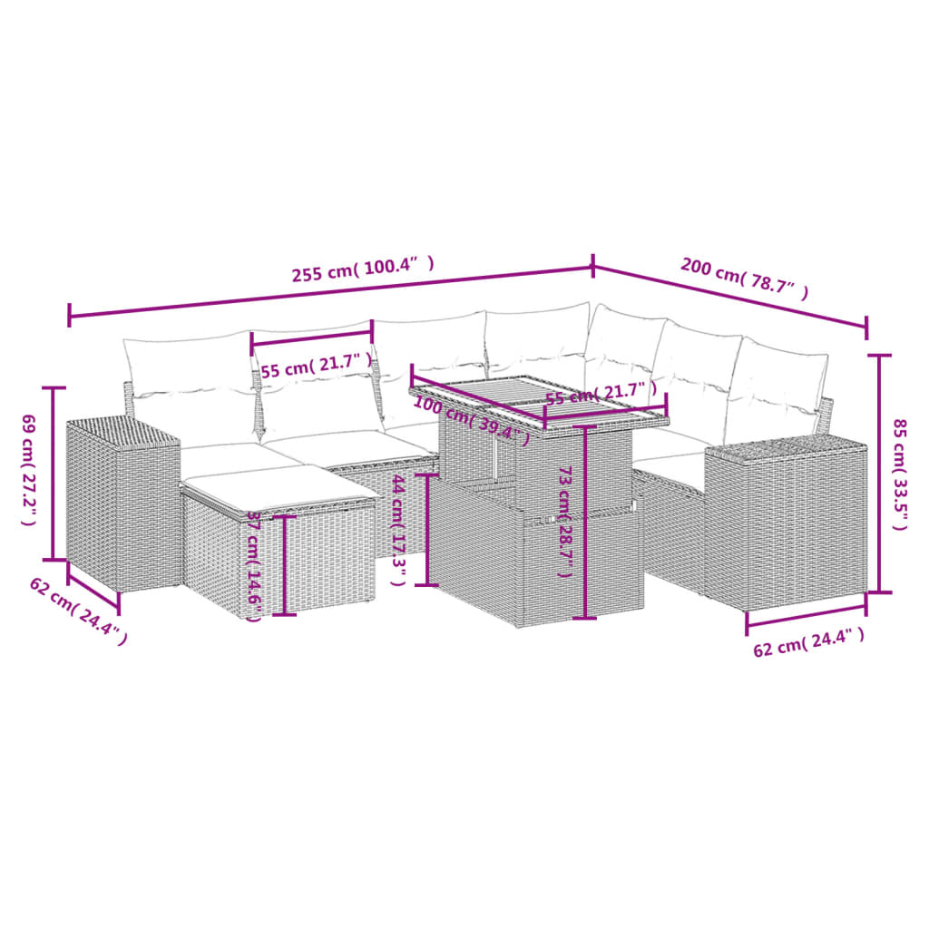 8 Pcs conjunto de sofás p/ jardim com almofadões vime PE bege