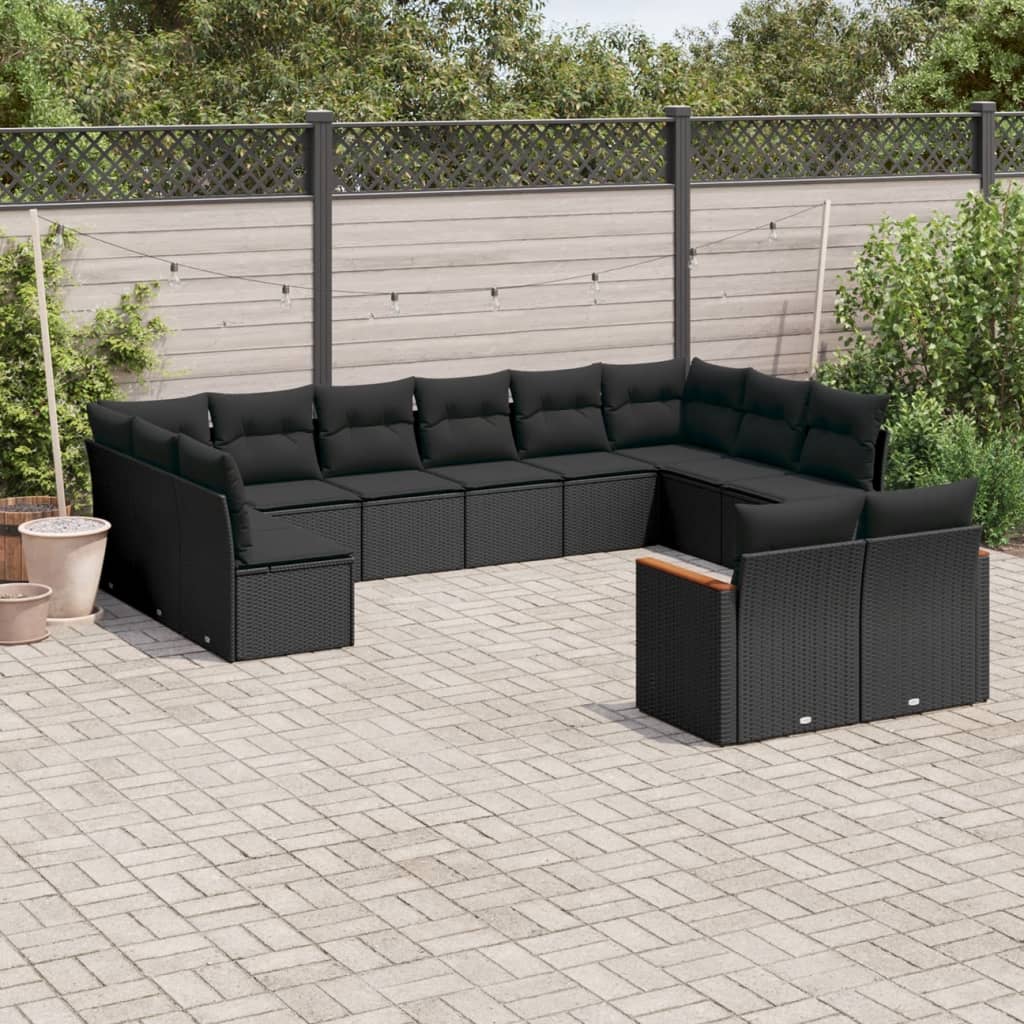 12 Pcs conjunto de sofás de jardim c/ almofadões vime PE preto
