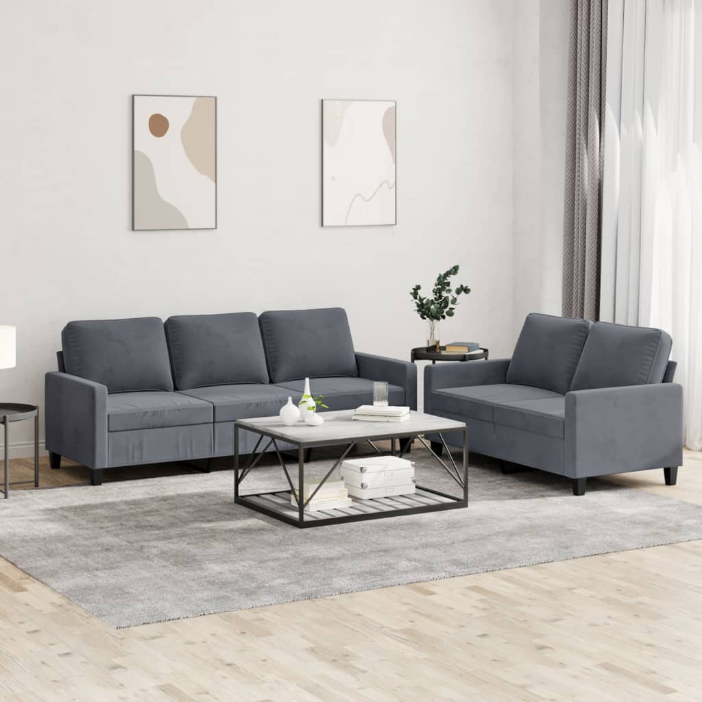 2 Pcs conjunto de sofás com almofadões veludo cinzento-escuro