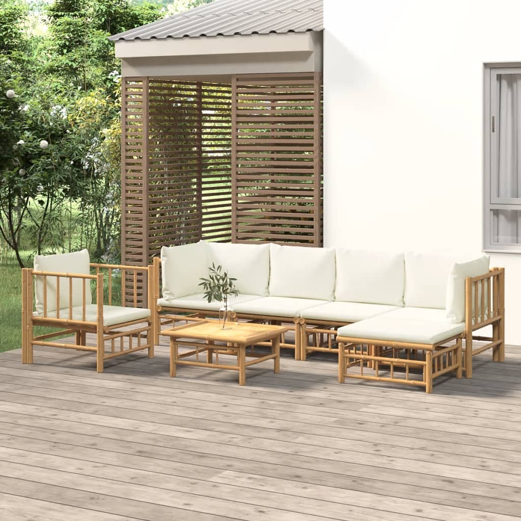 7 Pcs conjunto lounge de jardim bambu c/ almofadões branco nata