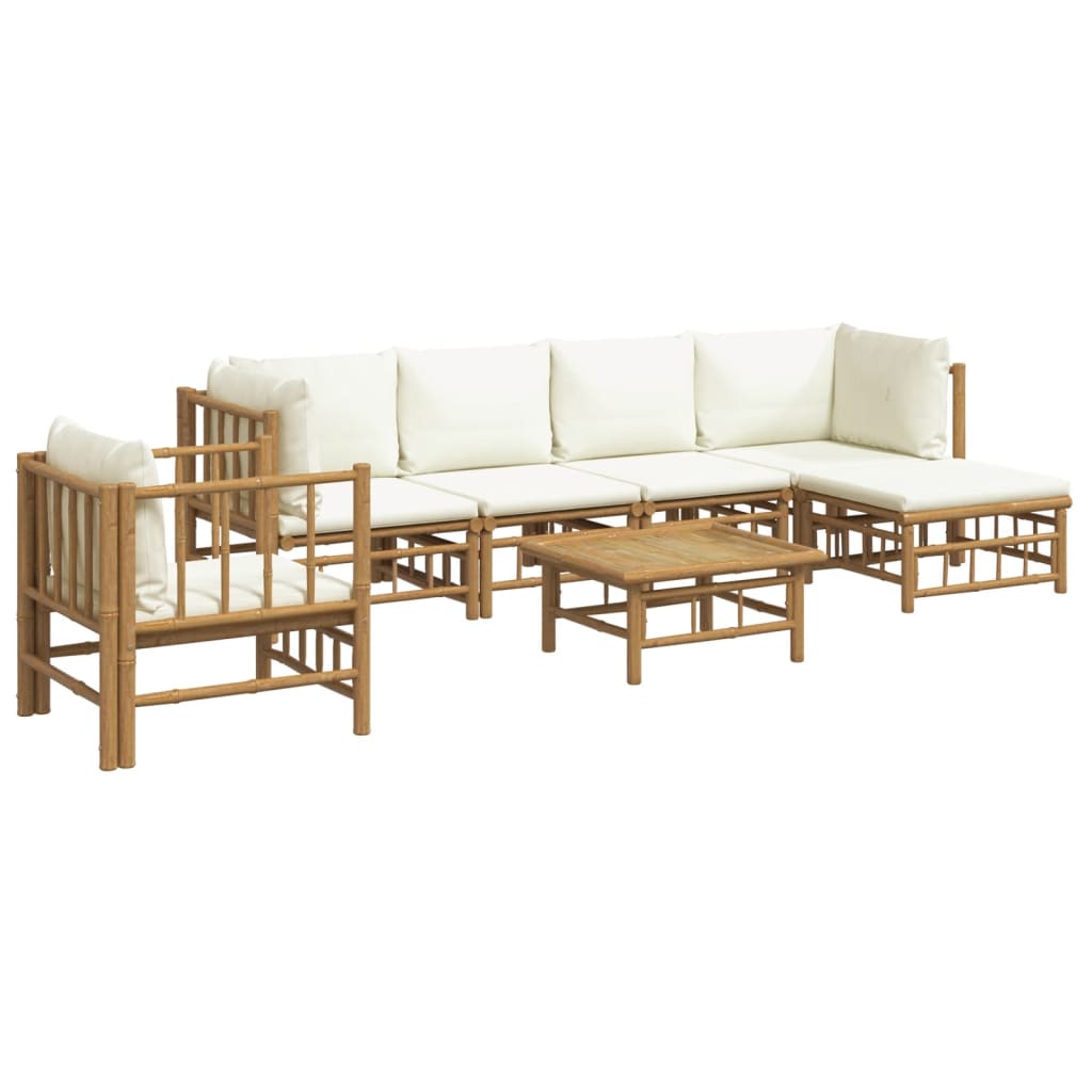 7 Pcs conjunto lounge de jardim bambu c/ almofadões branco nata