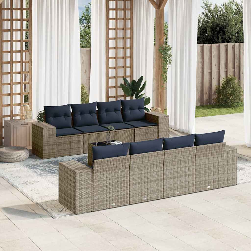 Conjunto de sofá de jardim de 9 peças com almofadas em rattan sintético cinza