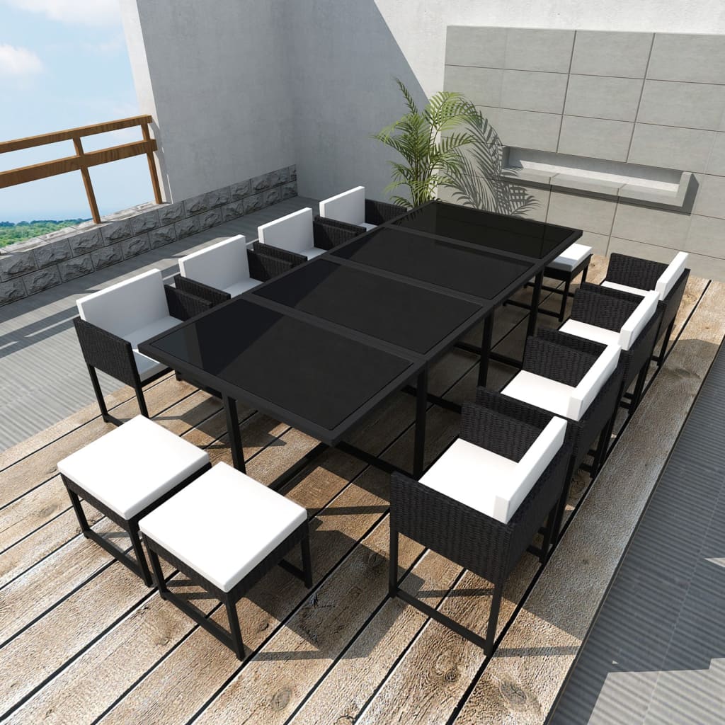 13 Pcs conjunto jantar exterior com almofadões vime PE preto
