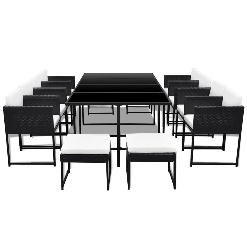 13 Pcs conjunto jantar exterior com almofadões vime PE preto