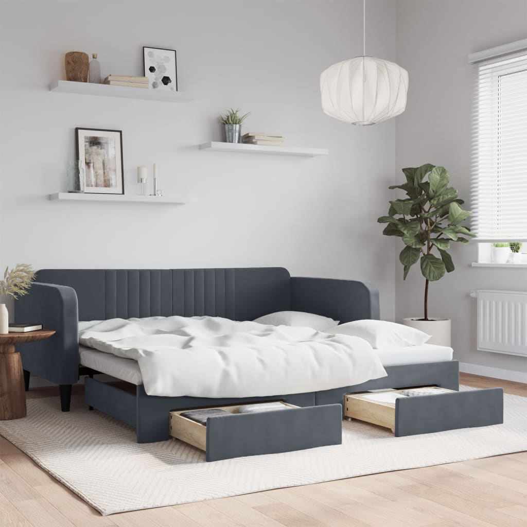 Sofá-cama c/ gavetão e gavetas 90x190 cm veludo cinzento-escuro