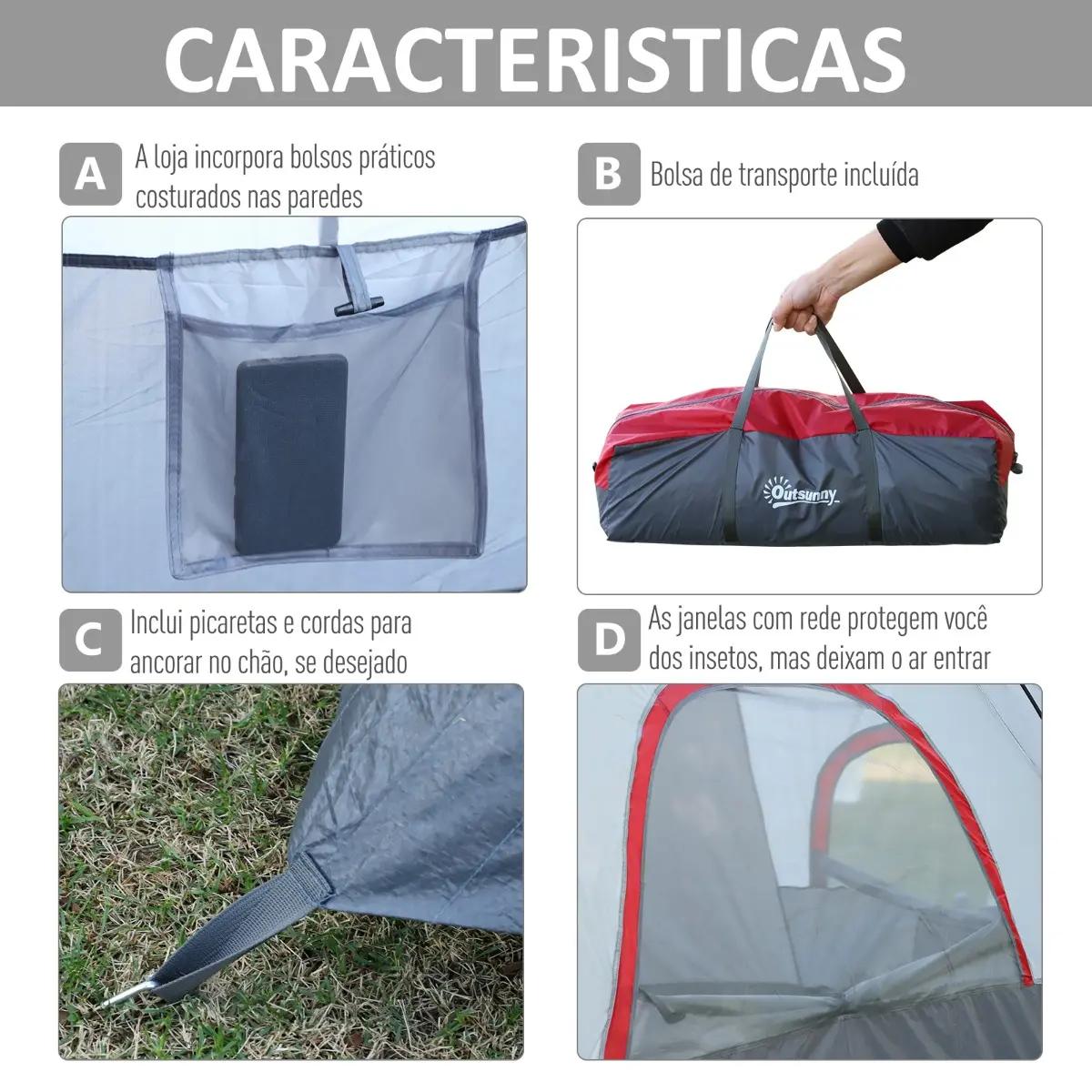Tenda de Campismo para 4-5 Pessoas Impermeável 3000mm+ Anti UV com Bolsa de Transporte e Gancho para Luz 455x230x180cm Cinza