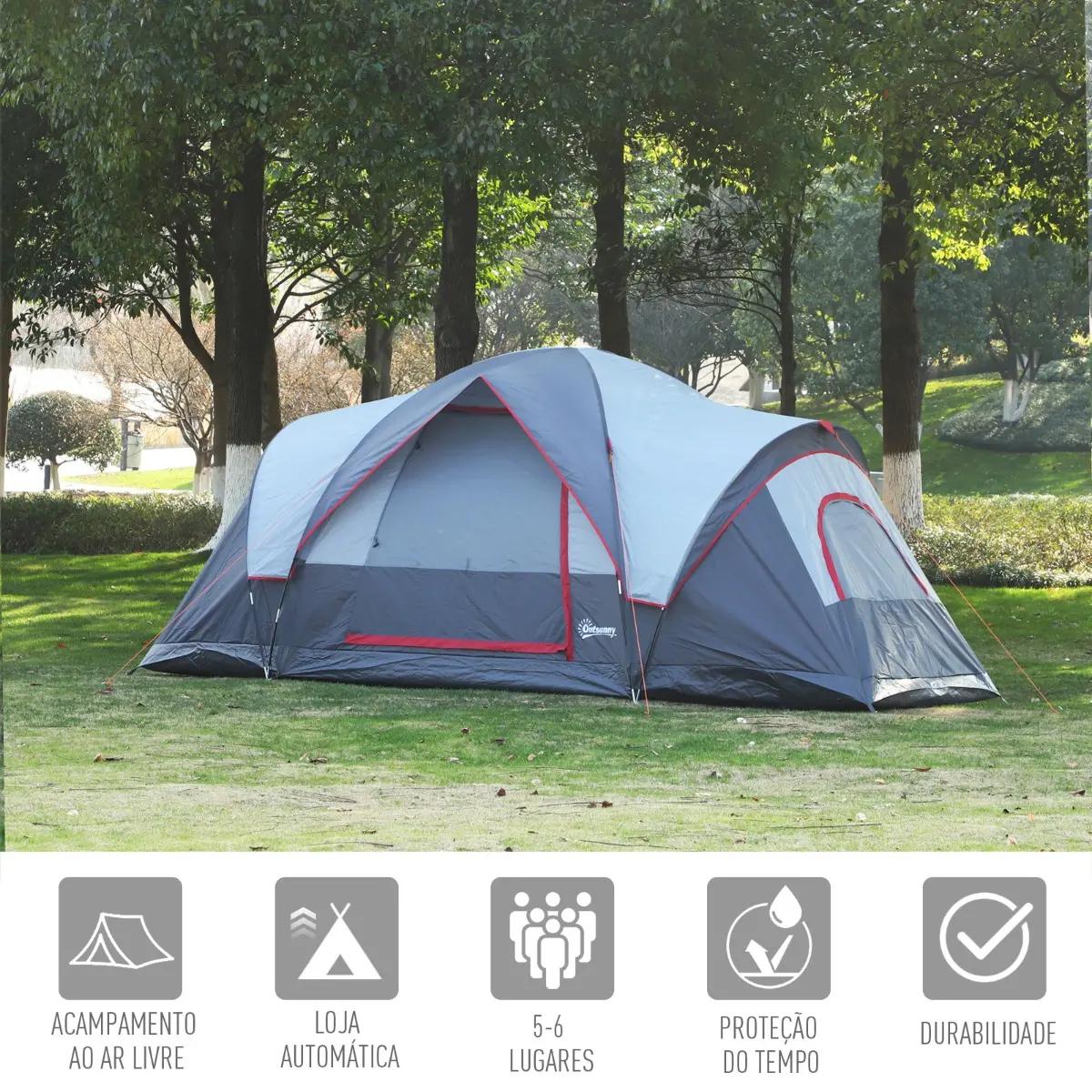 Tenda de Campismo para 4-5 Pessoas Impermeável 3000mm+ Anti UV com Bolsa de Transporte e Gancho para Luz 455x230x180cm Cinza
