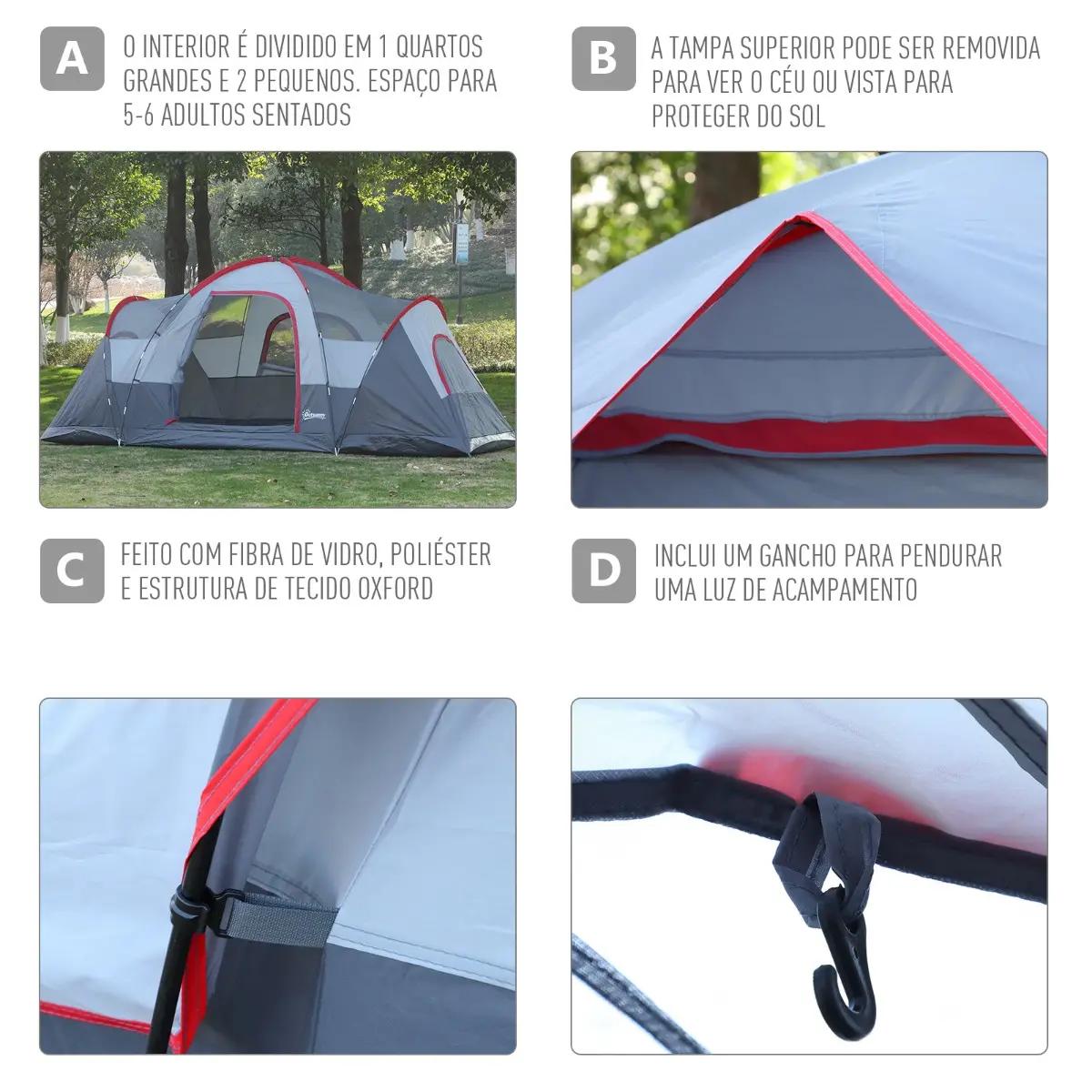 Tenda de Campismo para 4-5 Pessoas Impermeável 3000mm+ Anti UV com Bolsa de Transporte e Gancho para Luz 455x230x180cm Cinza