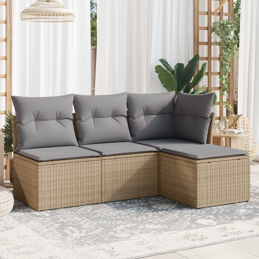 4 Pcs conjunto de sofás para jardim c/ almofadões vime PE bege