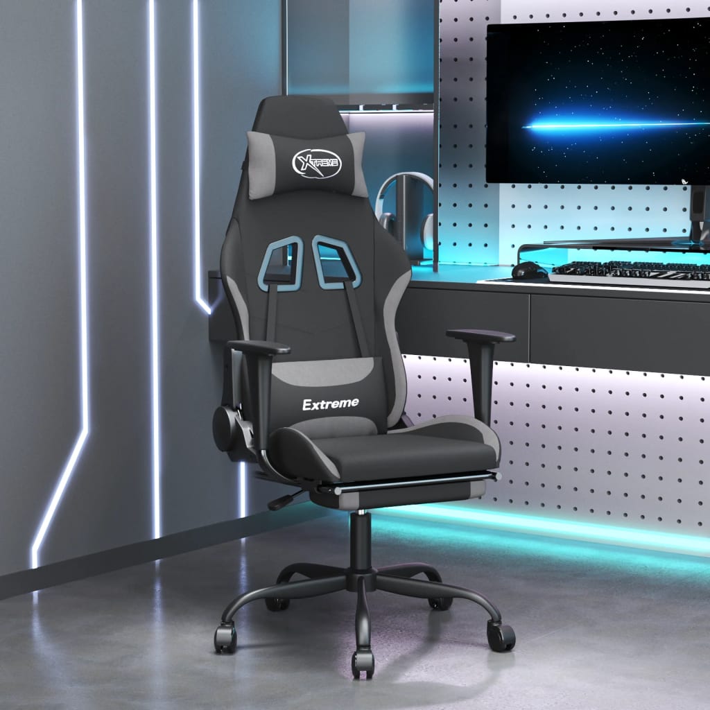 Cadeira de gaming com apoio de pés tecido cinza e verde-claro