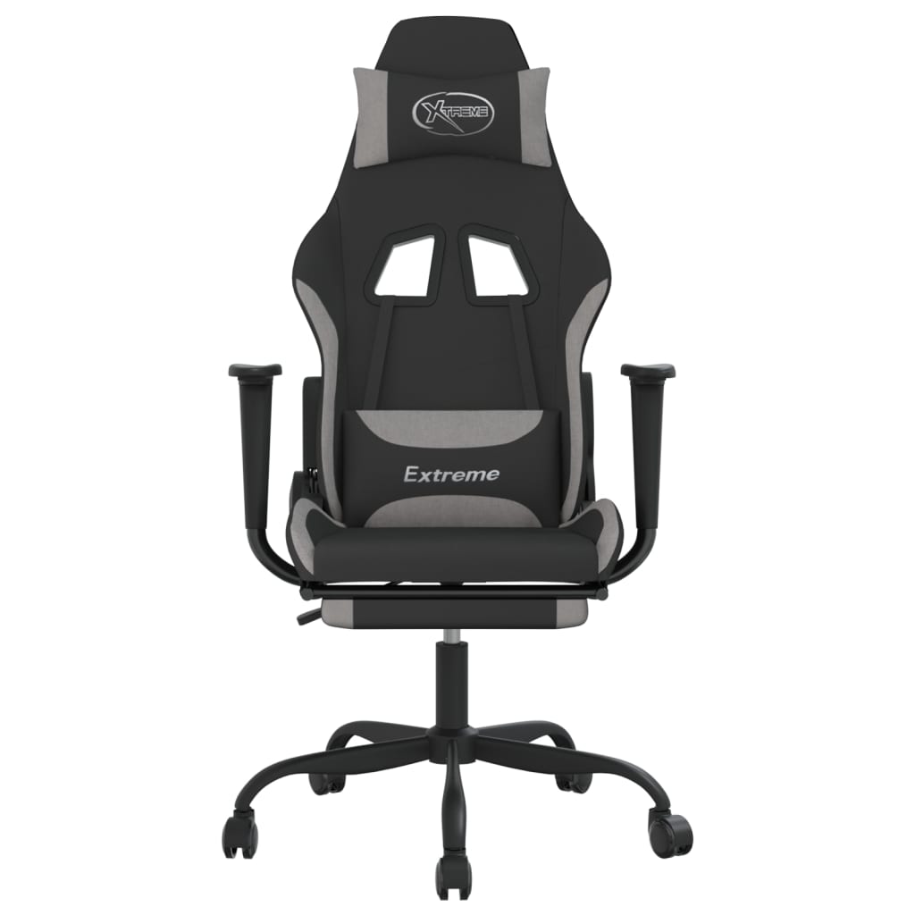 Cadeira de gaming com apoio de pés tecido cinza e verde-claro