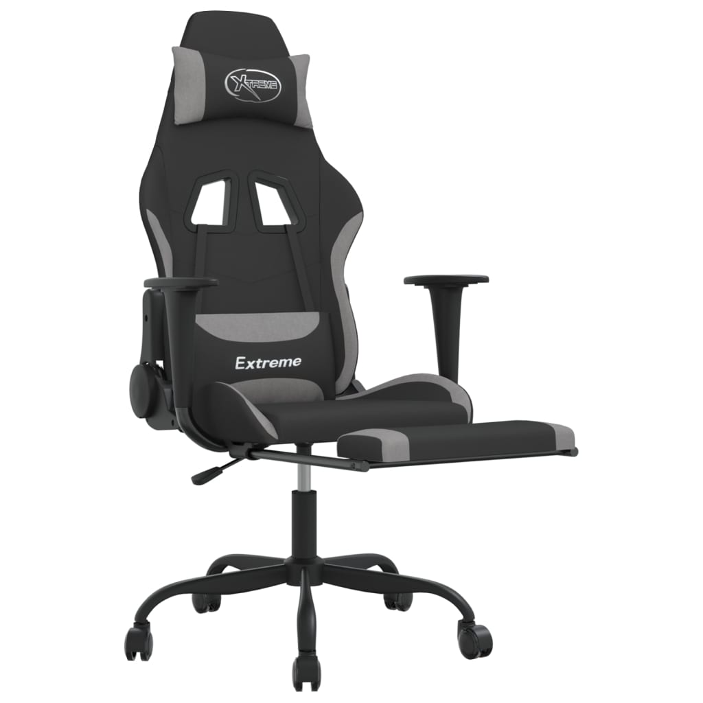 Cadeira de gaming com apoio de pés tecido cinza e verde-claro
