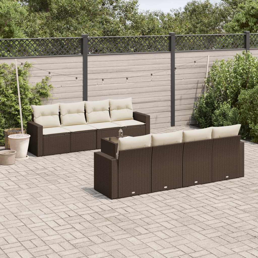9 Pcs conjunto sofás p/ jardim c/ almofadões vime PE castanho