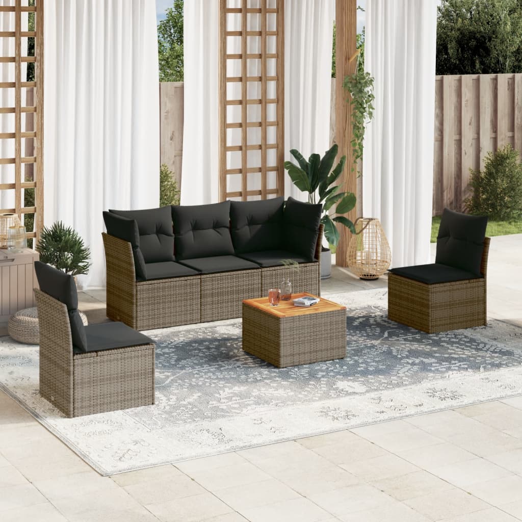 6 Pcs conjunto sofás de jardim com almofadões vime cinzento