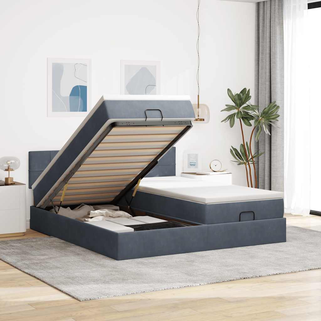 Moldura de cama otomana com colchão cinza escuro veludo