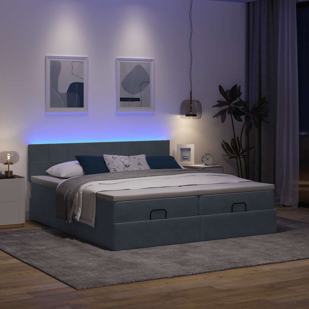 Moldura de cama otomana com colchão cinza escuro veludo