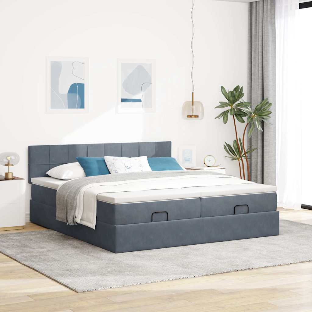 Moldura de cama otomana com colchão cinza escuro veludo