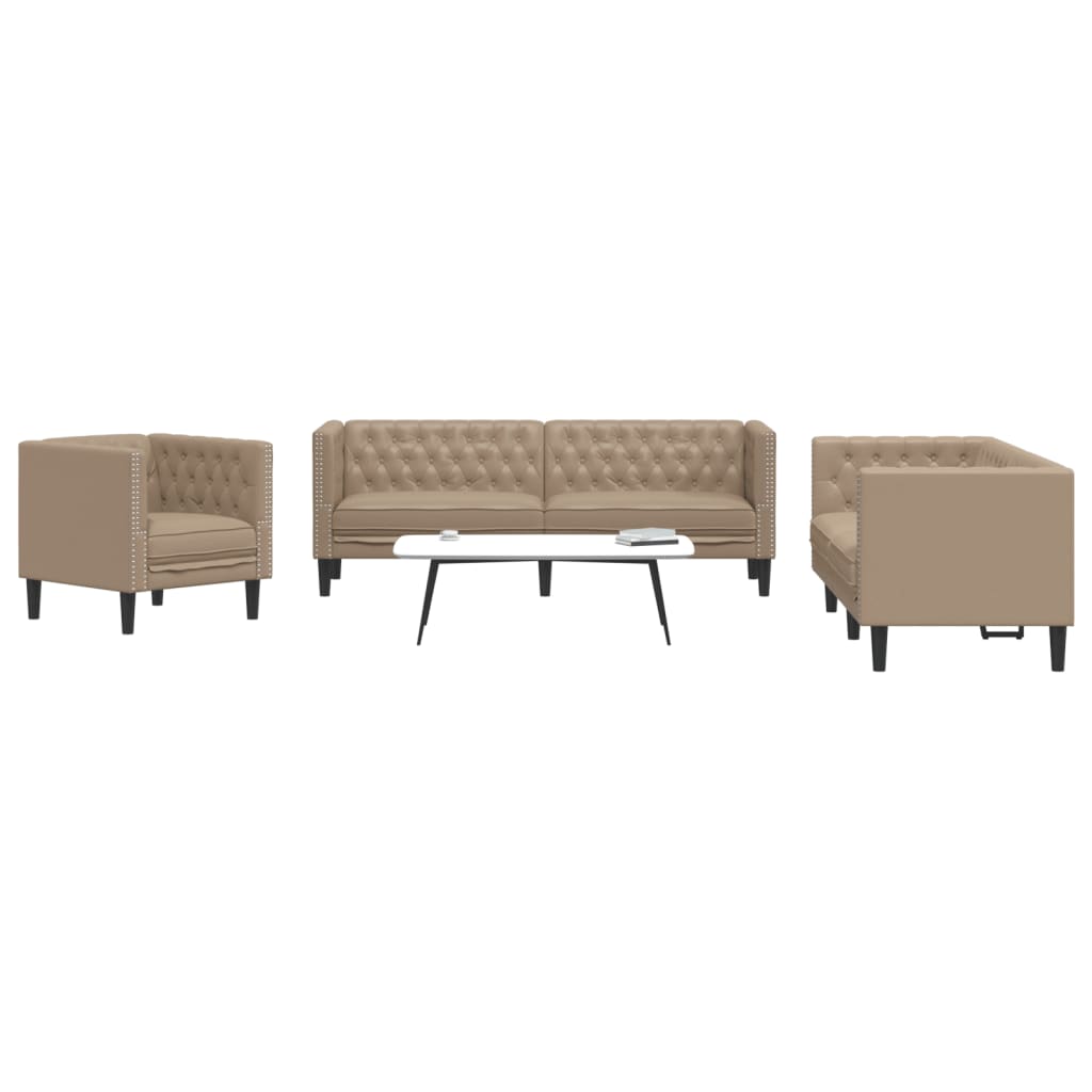 3 Pcs conj. de sofás chesterfield couro artificial cappuccino
