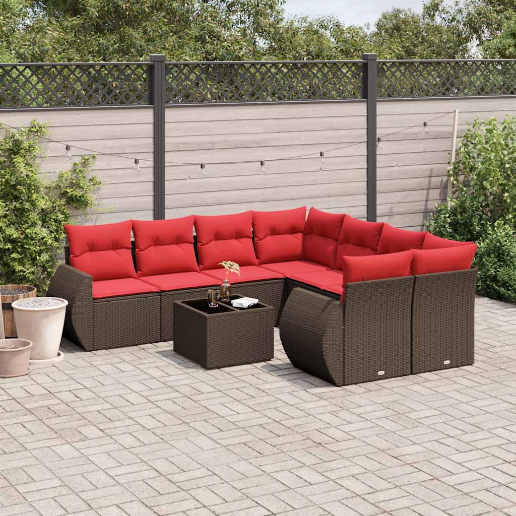 Conjunto de sofá de jardim com 9 peças e almofadas em rattan sintético marrom