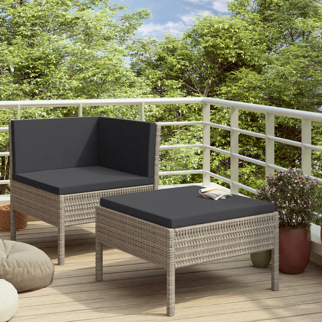 2 Pcs conjunto lounge de jardim c/ almofadões vime PE cinzento