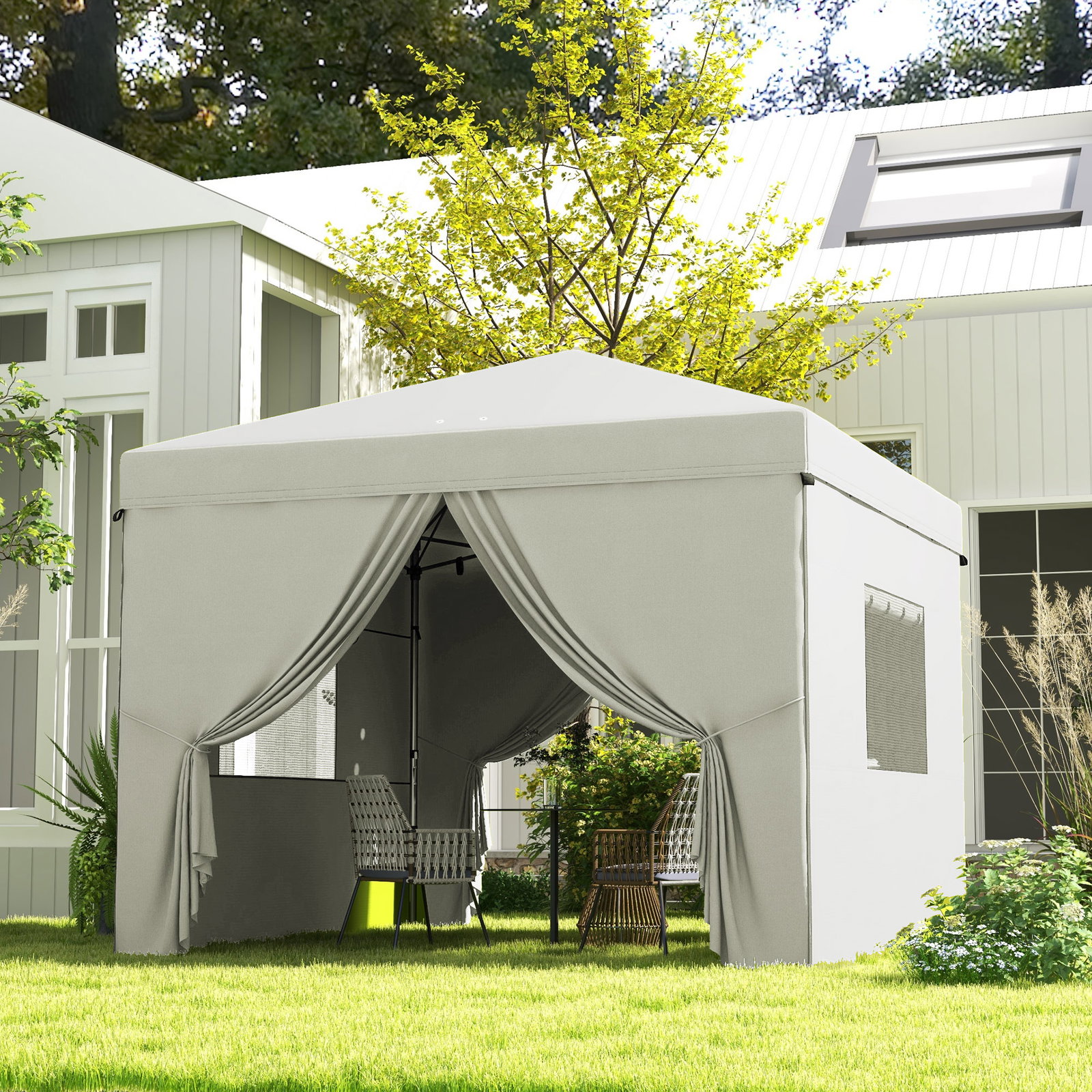 Tenda dobrável 3x3 m tenda de jardim com 4 paredes laterais 2 janelas de malha altura ajustável impermeável e anti-UV branco
